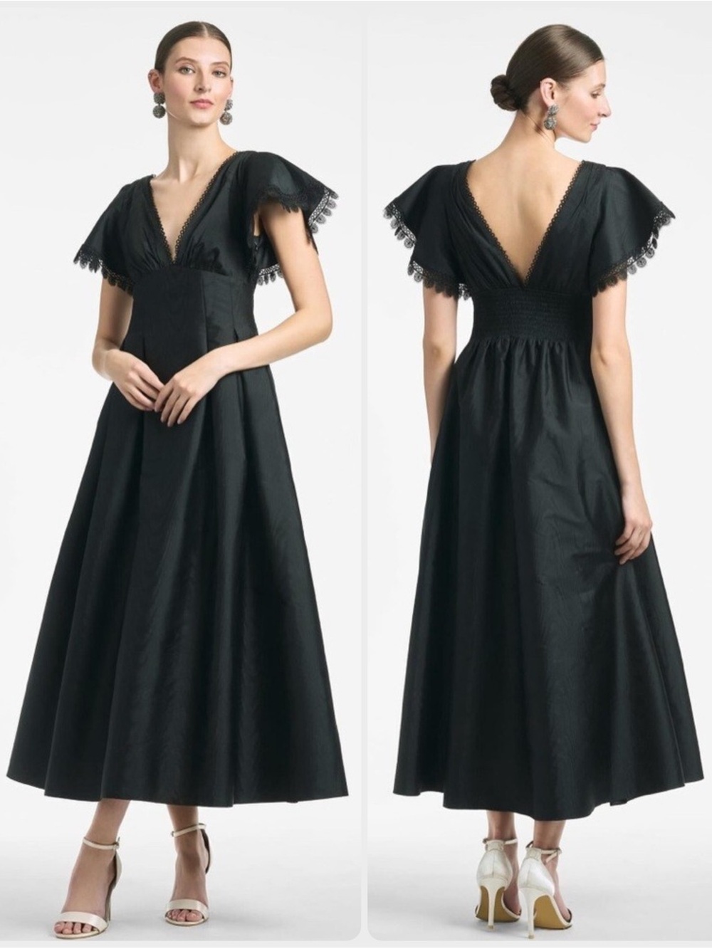 SACHIN & BABI Sara Black V-Neck Flutter Lace Sleeves Maxi Gown Dress NWT $850